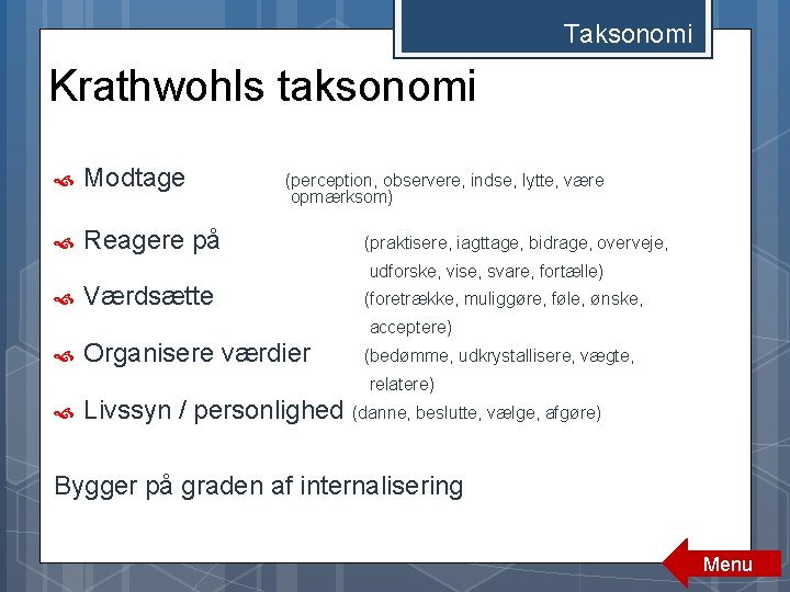 Taksonomi Krathwohls taksonomi Modtage Reagere på (perception, observere, indse, lytte, være opmærksom) (praktisere, iagttage, Taksonomi Krathwohls taksonomi Modtage Reagere på (perception, observere, indse, lytte, være opmærksom) (praktisere, iagttage,