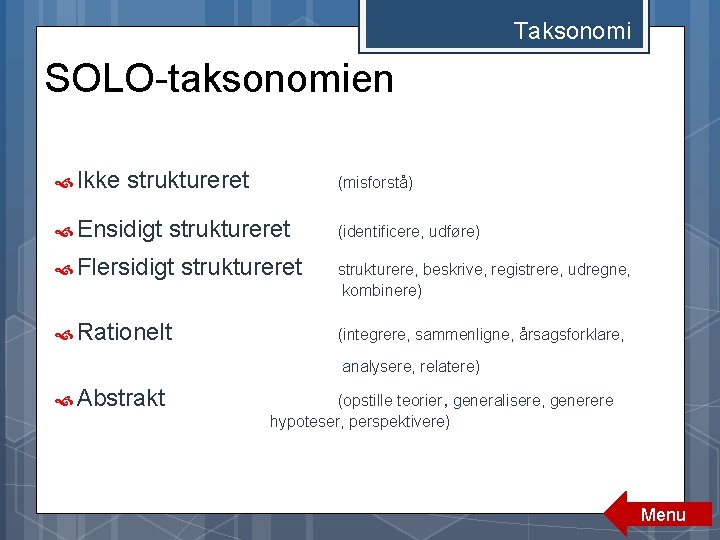 Taksonomi SOLO-taksonomien Ikke struktureret Ensidigt (misforstå) struktureret Flersidigt Rationelt struktureret (identificere, udføre) strukturere, beskrive, Taksonomi SOLO-taksonomien Ikke struktureret Ensidigt (misforstå) struktureret Flersidigt Rationelt struktureret (identificere, udføre) strukturere, beskrive,