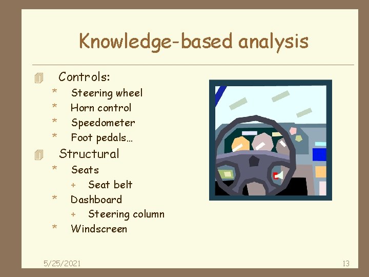 Knowledge-based analysis Controls: 4 * * Steering wheel Horn control Speedometer Foot pedals… Structural