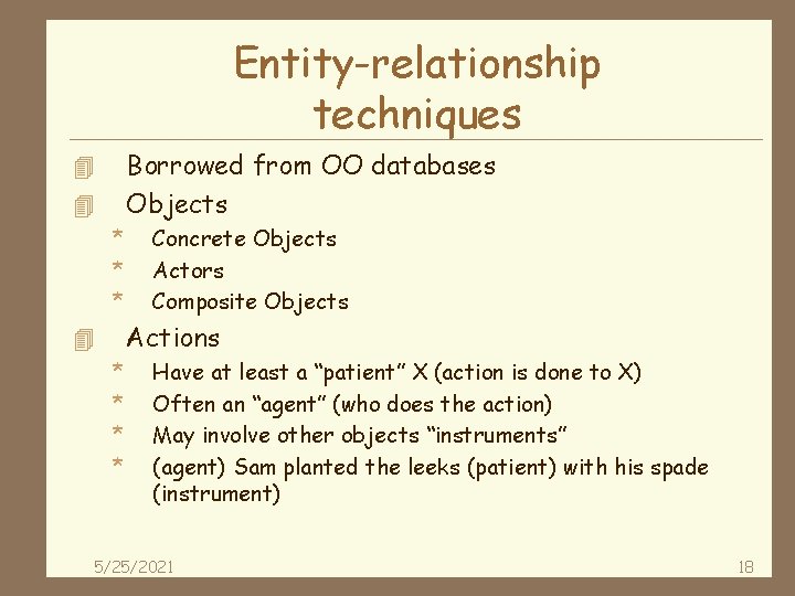 Entity-relationship techniques Borrowed from OO databases Objects 4 4 * * * Concrete Objects