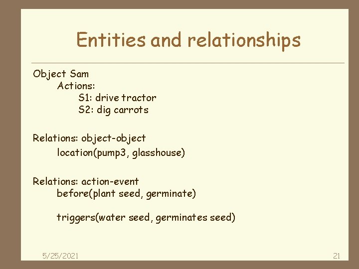 Entities and relationships Object Sam Actions: S 1: drive tractor S 2: dig carrots