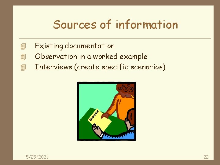 Sources of information 4 4 4 Existing documentation Observation in a worked example Interviews