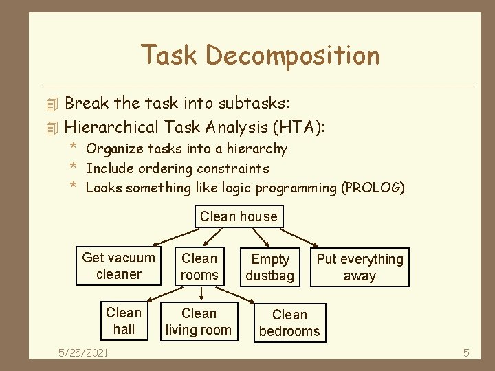 Task Decomposition 4 Break the task into subtasks: 4 Hierarchical Task Analysis (HTA): *