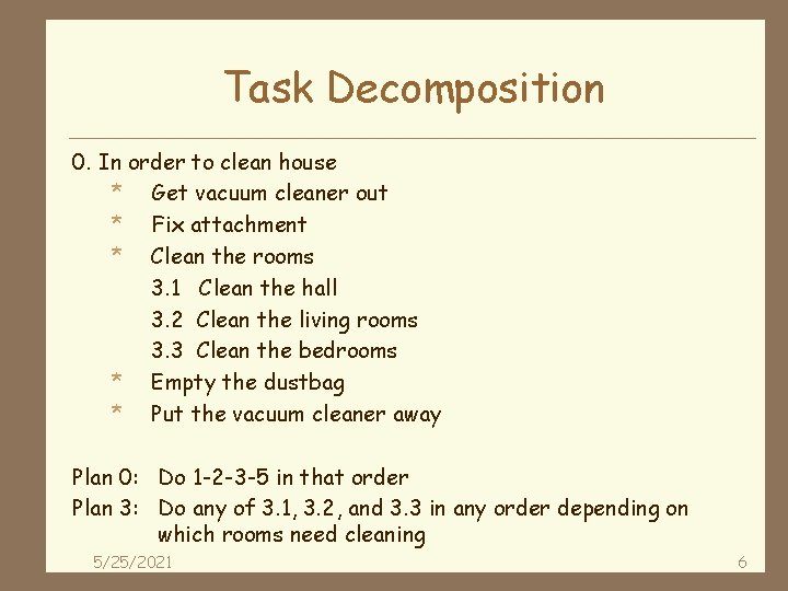 Task Decomposition 0. In order to clean house * Get vacuum cleaner out *