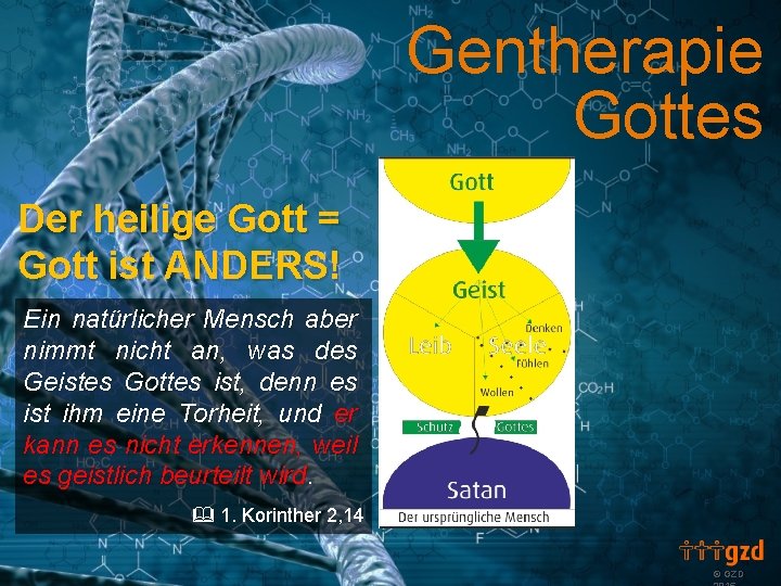 Gentherapie Gottes Der heilige Gott = Gott ist ANDERS! Ein natürlicher Mensch aber nimmt