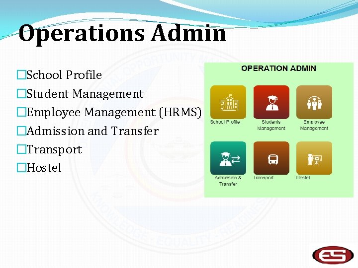 Operations Admin �School Profile �Student Management �Employee Management (HRMS) �Admission and Transfer �Transport �Hostel