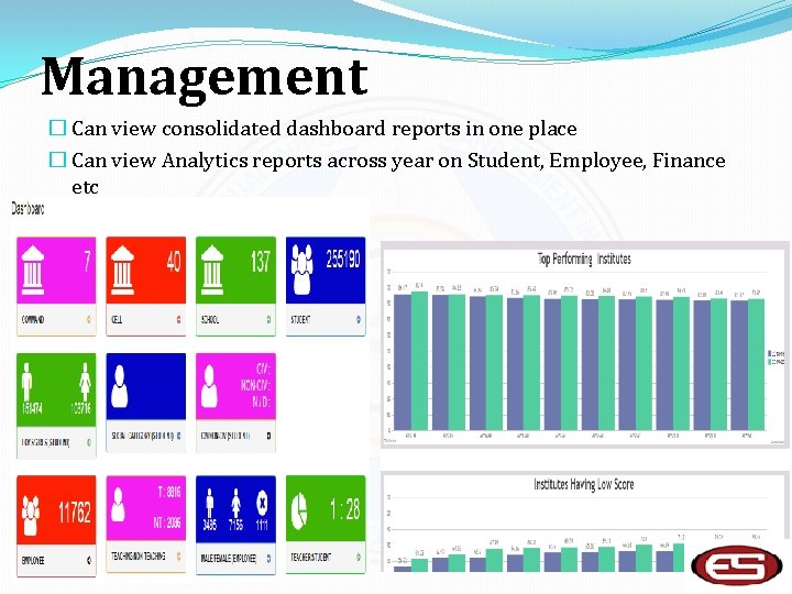 Management � Can view consolidated dashboard reports in one place � Can view Analytics