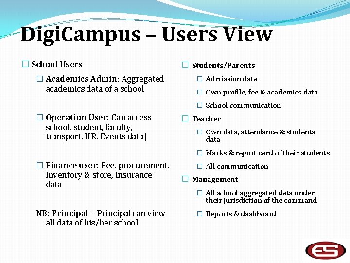 Digi. Campus – Users View � School Users � Academics Admin: Aggregated academics data