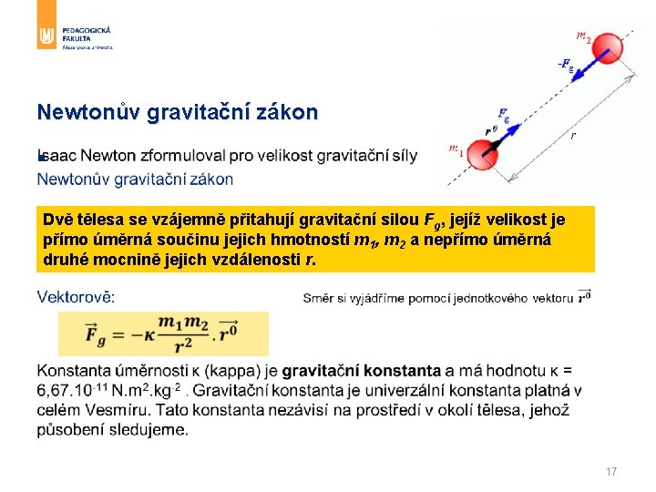 Newtonův gravitační zákon § Dvě tělesa se vzájemně přitahují gravitační silou Fg, jejíž velikost