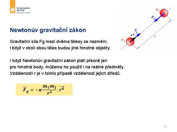 Newtonův gravitační zákon Gravitační síla Fg mezi dvěma tělesy se nezmění, i když v