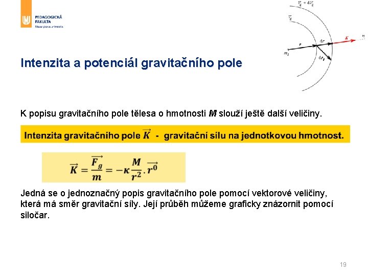 Intenzita a potenciál gravitačního pole K popisu gravitačního pole tělesa o hmotnosti M slouží