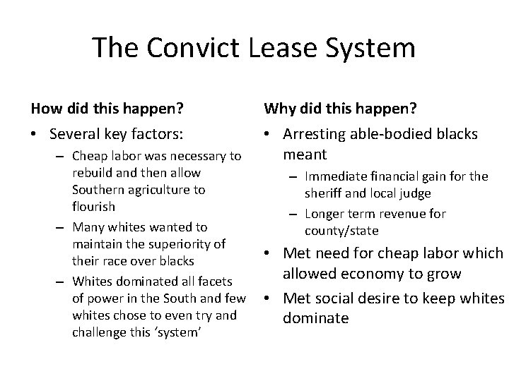 The Convict Lease System How did this happen? Why did this happen? • Several