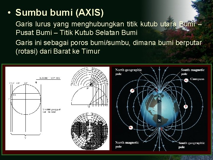  • Sumbu bumi (AXIS) Garis lurus yang menghubungkan titik kutub utara Bumi –