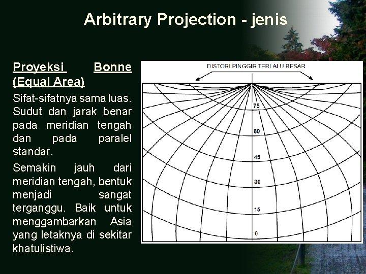 Arbitrary Projection - jenis Proyeksi Bonne (Equal Area) Sifat-sifatnya sama luas. Sudut dan jarak