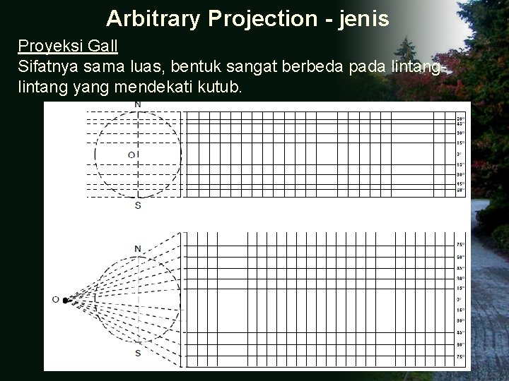 Arbitrary Projection - jenis Proyeksi Gall Sifatnya sama luas, bentuk sangat berbeda pada lintang