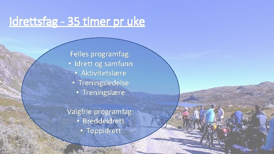 Idrettsfag - 35 timer pr uke Felles programfag: • Idrett og samfunn • Aktivitetslære