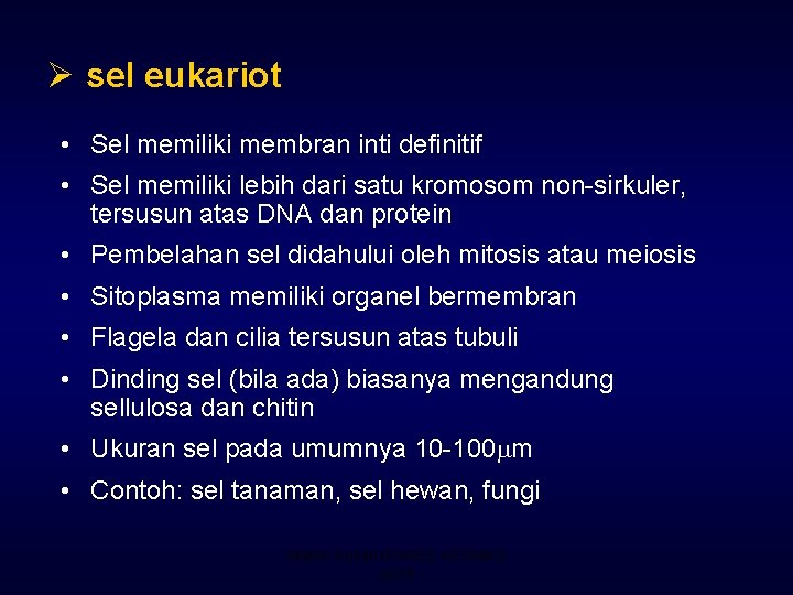 Ø sel eukariot • Sel memiliki membran inti definitif • Sel memiliki lebih dari