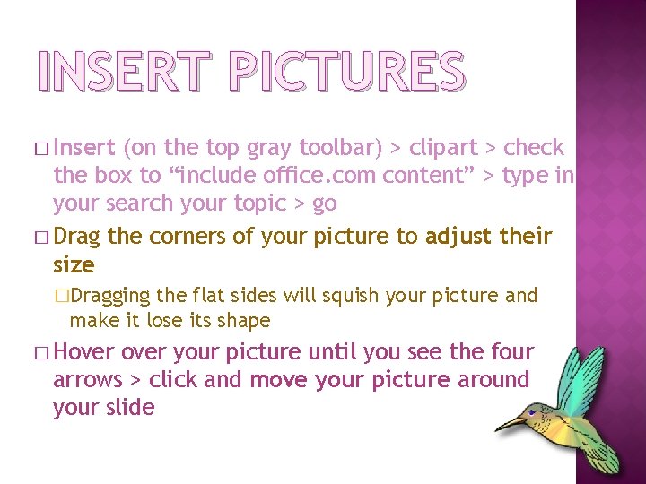 INSERT PICTURES � Insert (on the top gray toolbar) > clipart > check the