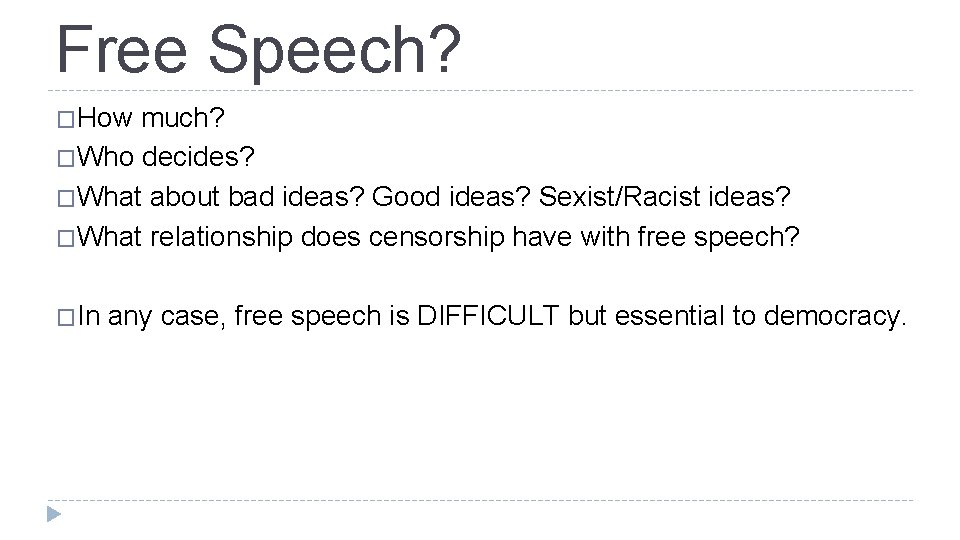 Free Speech? �How much? �Who decides? �What about bad ideas? Good ideas? Sexist/Racist ideas?