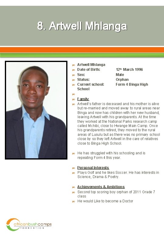 8. Artwell Mhlanga Date of Birth: Sex: Status: Current school: School 12 th March