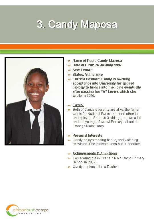 3. Candy Maposa Name of Pupil: Candy Maposa Date of Birth: 26 January 1997