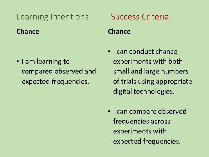 Learning Intentions Success Criteria Chance • I am learning to compared observed and expected