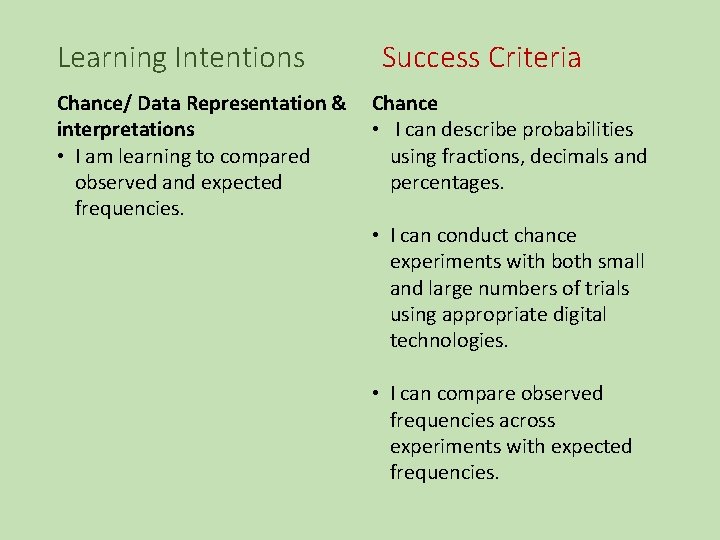 Learning Intentions Chance/ Data Representation & interpretations • I am learning to compared observed