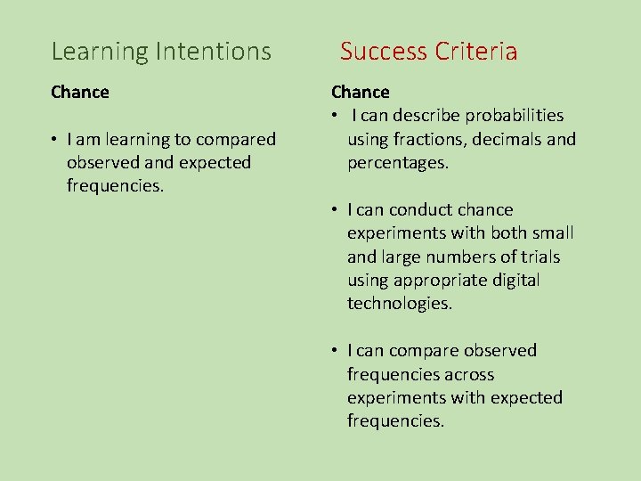Learning Intentions Chance • I am learning to compared observed and expected frequencies. Success
