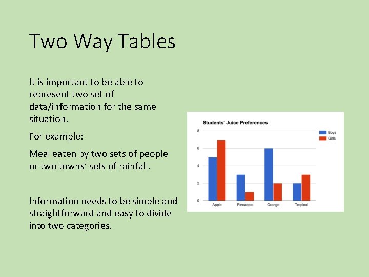 Two Way Tables It is important to be able to represent two set of