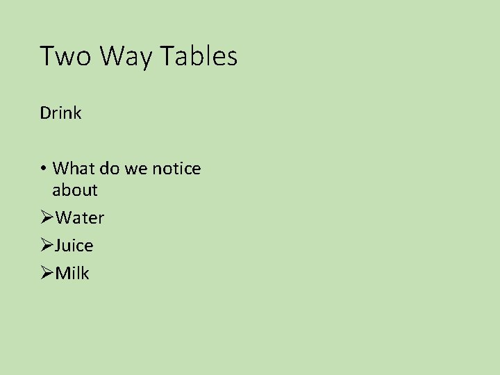 Two Way Tables Drink • What do we notice about ØWater ØJuice ØMilk 