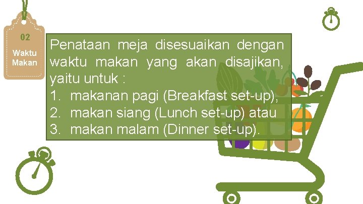 02 Waktu Menu Content Makan Penataan meja disesuaikan dengan waktu makan yang akan disajikan,