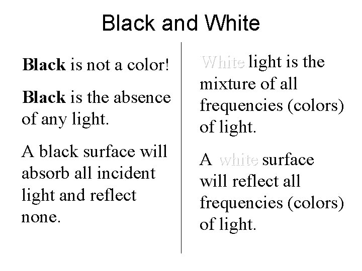 Black and White Black is the absence of any light. White light is the