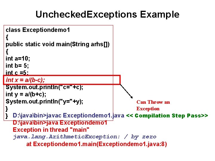 Unchecked. Exceptions Example class Exceptiondemo 1 { public static void main(String arhs[]) { int