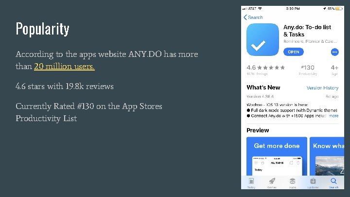 Popularity According to the apps website ANY. DO has more than 20 million users.