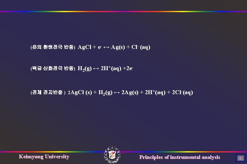 (은의 환원전극 반응) Ag. Cl + e- ↔ Ag(s) + Cl- (aq) (백금 산화전극