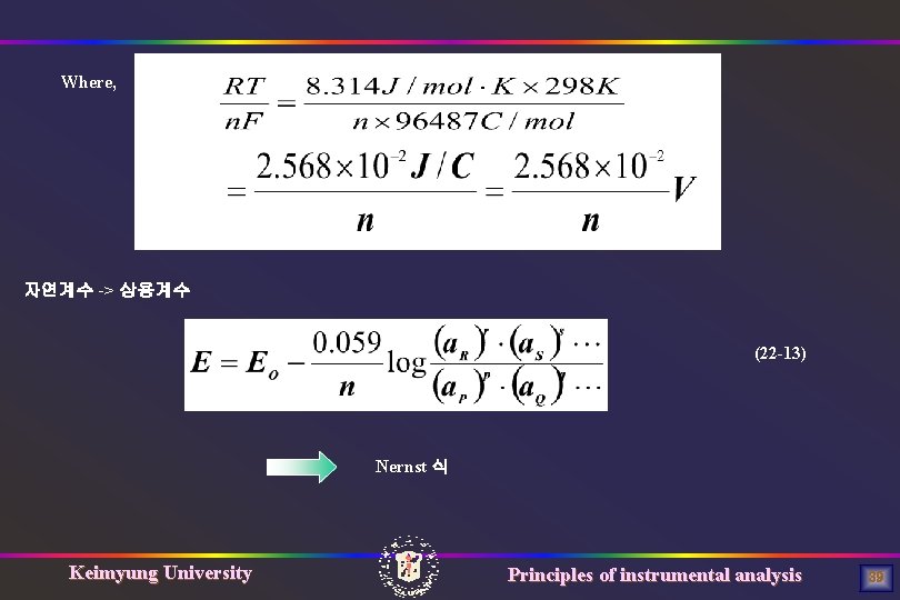 Where, 자연계수 -> 상용계수 (22 -13) Nernst 식 Keimyung University Principles of instrumental analysis