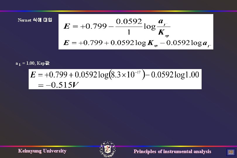 Nernet 식에 대입 a I- = 1. 00, Ksp값 Keimyung University Principles of instrumental