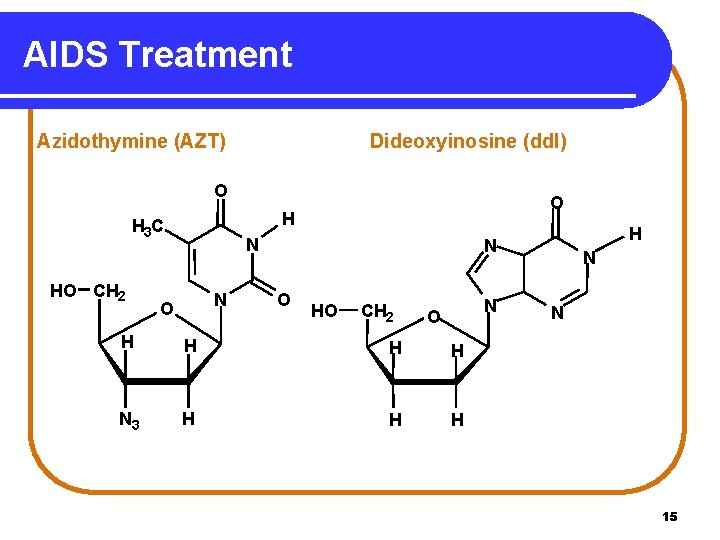 AIDS Treatment Azidothymine (AZT) Dideoxyinosine (dd. I) O H H 3 C HO CH