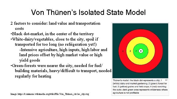 Von Thünen’s Isolated State Model 2 factors to consider: land value and transportation costs