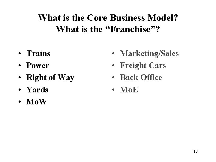 What is the Core Business Model? What is the “Franchise”? • • • Trains