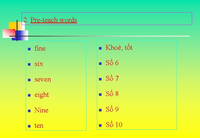 2. Pre-teach words n fine n Khoẻ, tốt n six n Số 6 n 2. Pre-teach words n fine n Khoẻ, tốt n six n Số 6 n