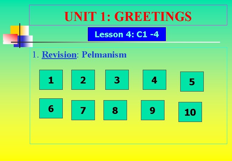 UNIT 1: GREETINGS Lesson 4: C 1 -4 1. Revision: Pelmanism 1 2 3 UNIT 1: GREETINGS Lesson 4: C 1 -4 1. Revision: Pelmanism 1 2 3