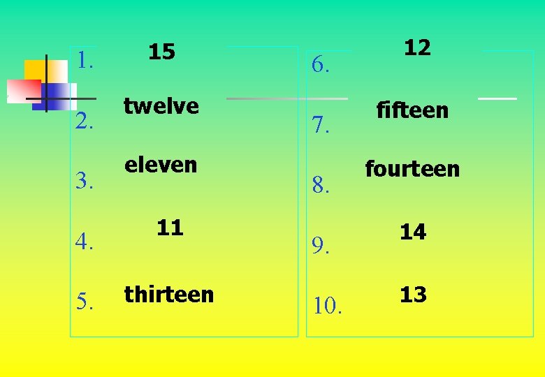 1. 2. 3. 4. 5. 15 twelve eleven 11 thirteen 6. 7. 8. 9. 1. 2. 3. 4. 5. 15 twelve eleven 11 thirteen 6. 7. 8. 9.