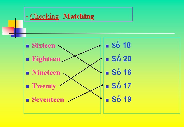 - Checking: Matching n Sixteen n Số 18 n Eighteen n Số 20 n - Checking: Matching n Sixteen n Số 18 n Eighteen n Số 20 n