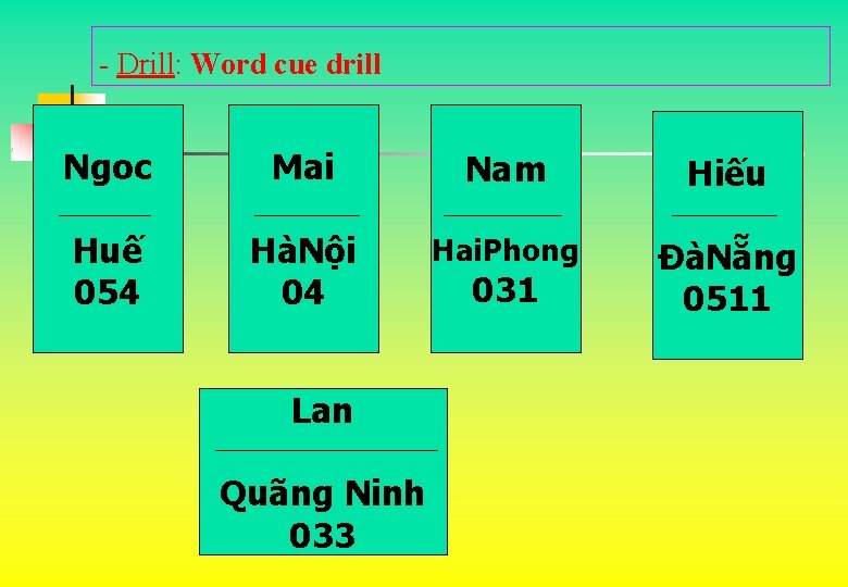 - Drill: Word cue drill Ngoc Mai Nam Hiếu Huế 054 HàNội 04 Hai. - Drill: Word cue drill Ngoc Mai Nam Hiếu Huế 054 HàNội 04 Hai.