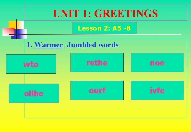 UNIT 1: GREETINGS Lesson 2: A 5 -8 1. Warmer: Jumbled words wto ollhe UNIT 1: GREETINGS Lesson 2: A 5 -8 1. Warmer: Jumbled words wto ollhe