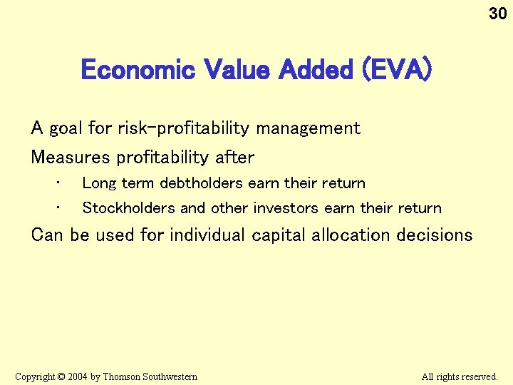 30 Economic Value Added (EVA) A goal for risk-profitability management Measures profitability after •