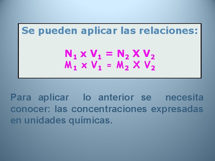 Se pueden aplicar las relaciones: N 1 x V 1 = N 2 X