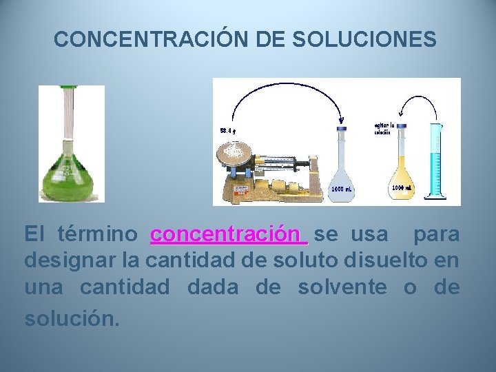 CONCENTRACIÓN DE SOLUCIONES El término concentración se usa para designar la cantidad de soluto