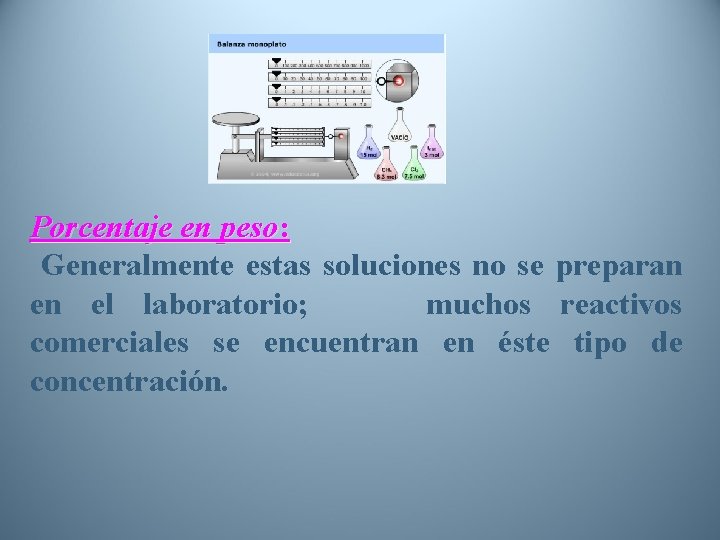 Porcentaje en peso: Generalmente estas soluciones no se preparan en el laboratorio; muchos reactivos